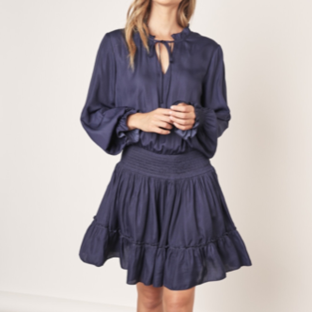 NWT Mustard Seed Navy Smocked Waist Long Sleeve Mini Dress Small